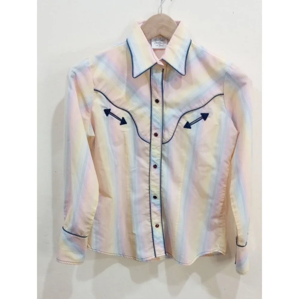 Pastel Striped Western Ranchwear Coastal Cowgirl Shirt Womens XS Girls Size 8/10